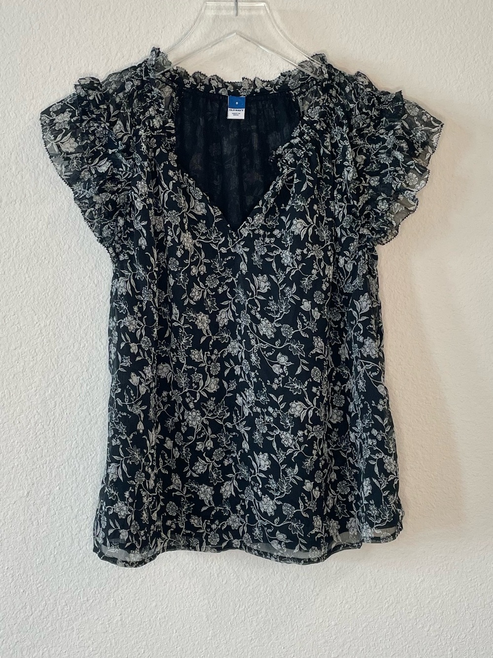 Old Navy Black Floral V-Neck Flutter Sleeve Top